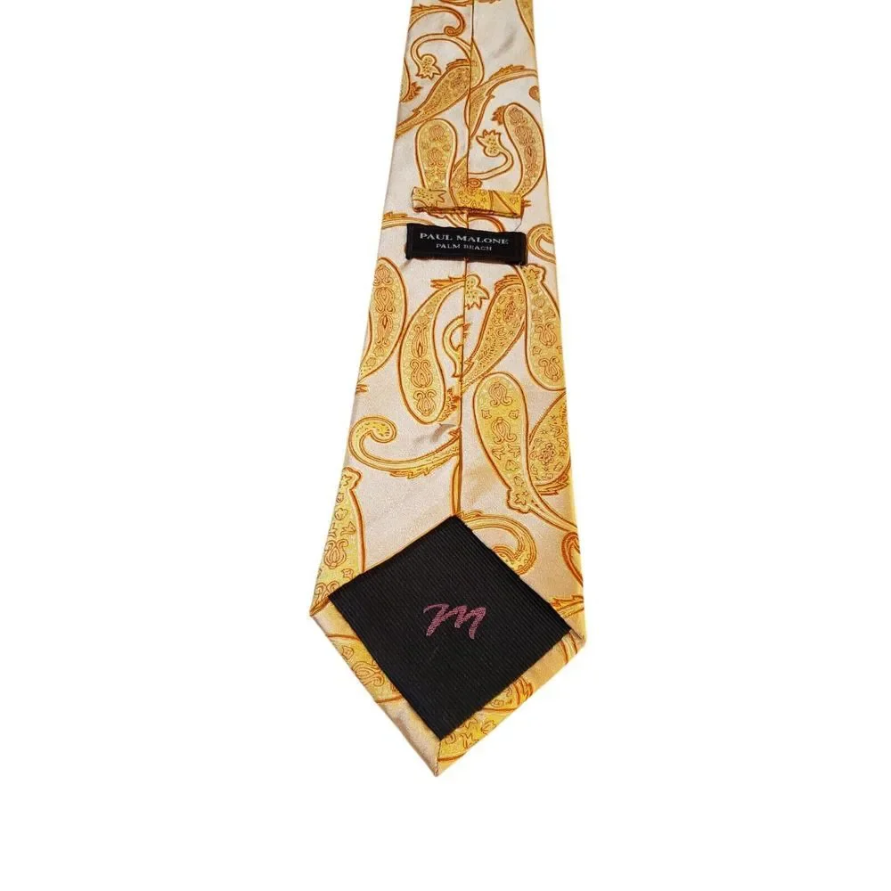 Paul Malone Palm Beach‎ Neck Tie Mens Orange Yellow Paisley 100% Silk Business